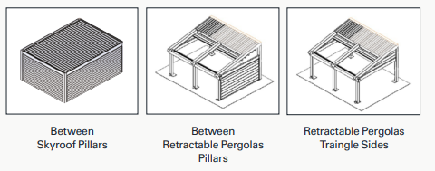 Aluminum Wall placement options — between skyroof pillars, between retractable pergola pillars, triangle sides